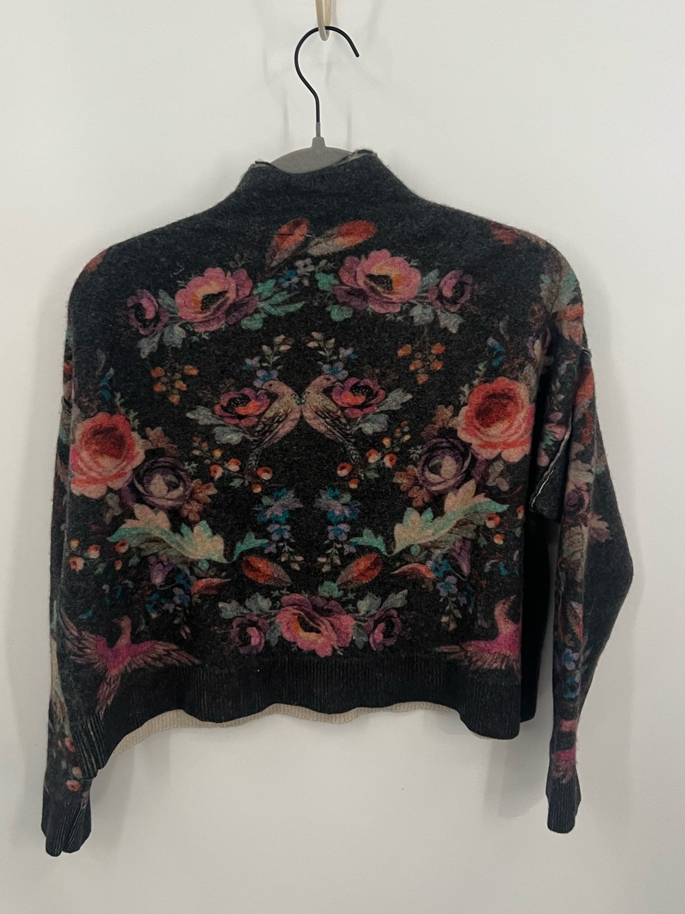 Pilcro Charcoal Mock neck Cashmere Sweater with Multicolor Floral & Bird Motif - Picture 3 of 9